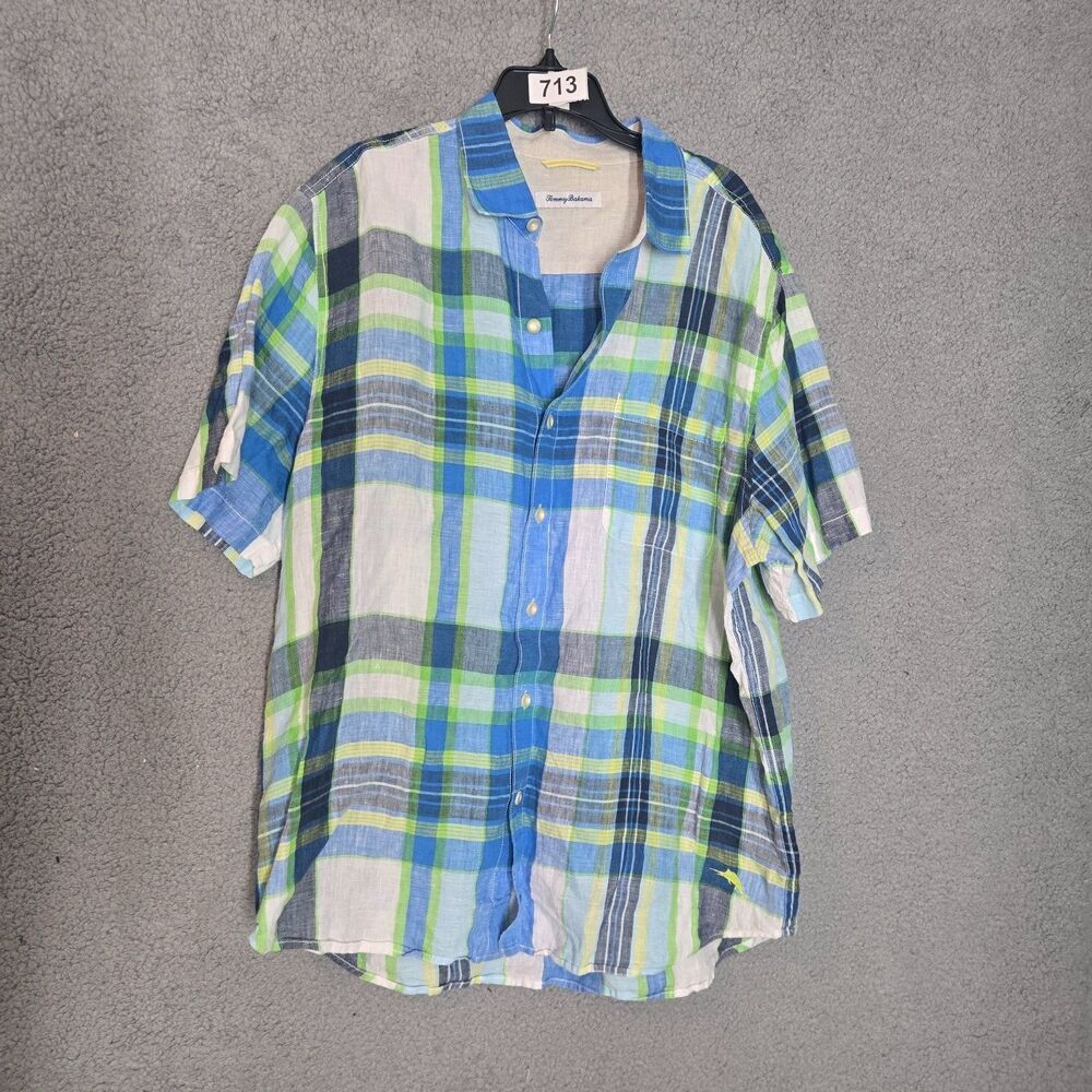 Tommy Bahama Short Sleeve Button Shirt Mens L Multicolor Plaid Embroidered